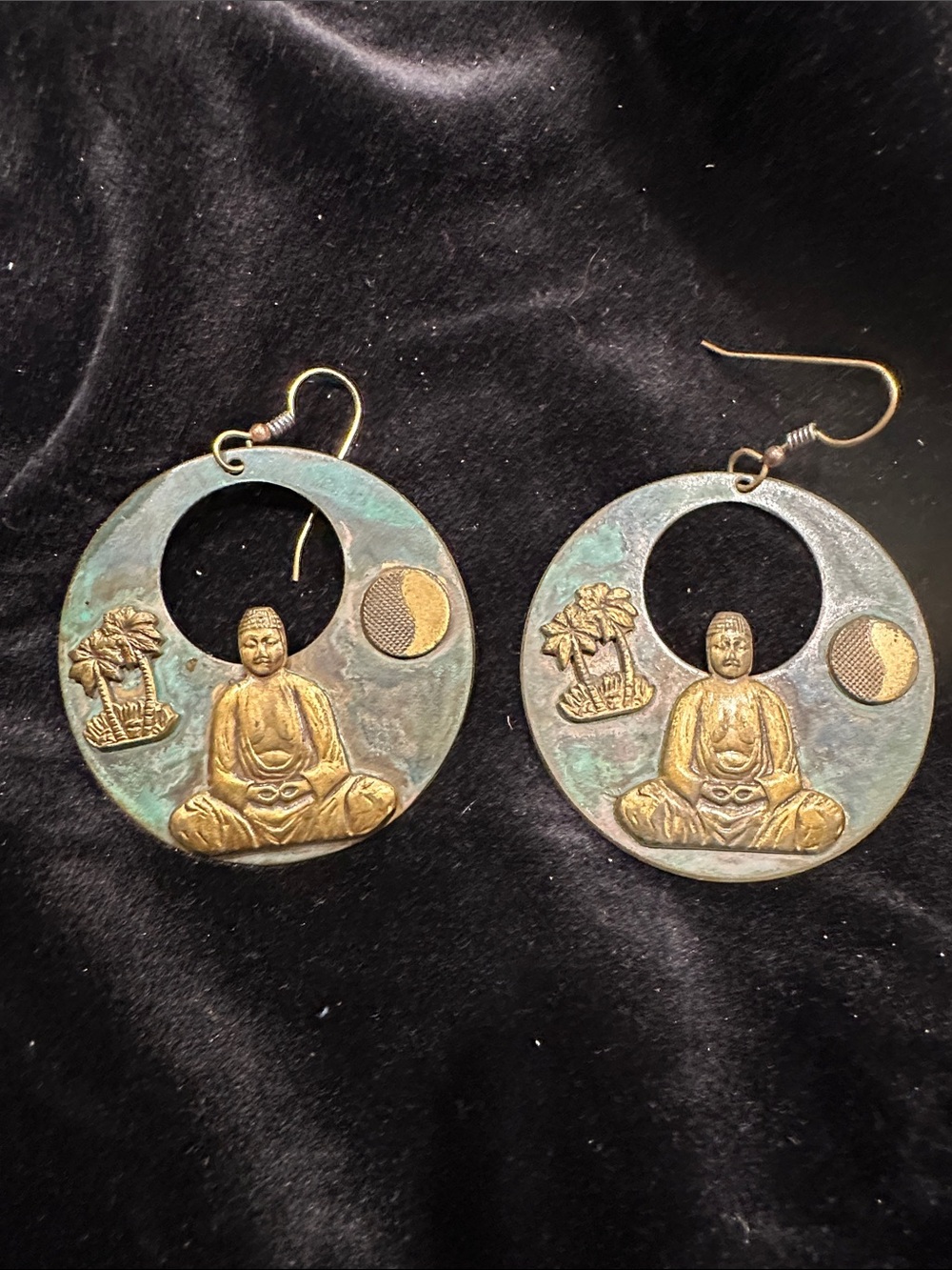 Handmade Buddha Disc Drop Earrings - Patina Green and Gold